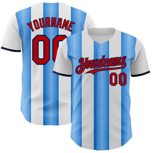 Custom White Red Electric Blue-Navy Gradient Vertical Stripe Argentina Style Authentic Baseball Jersey