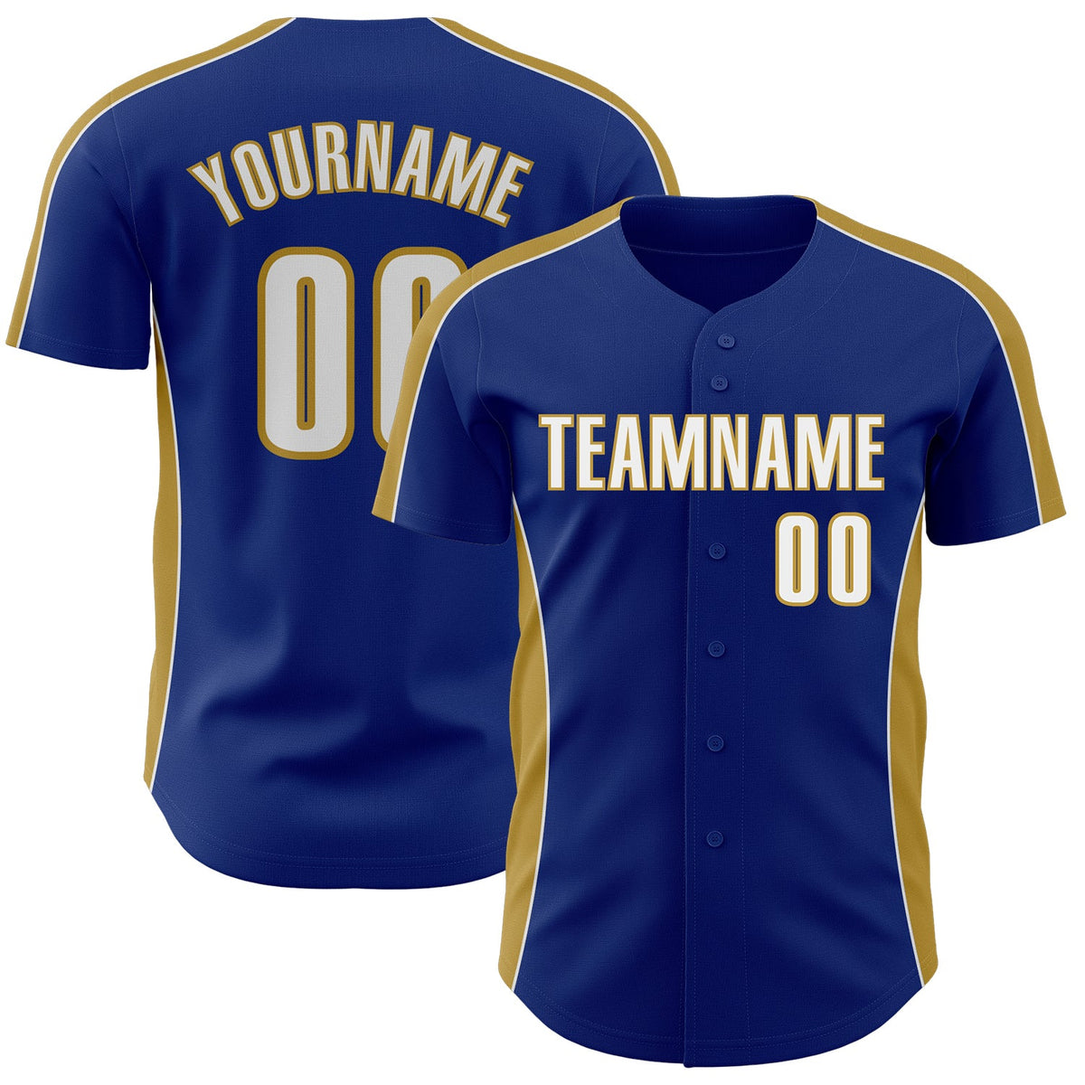 Custom Royal White-Old Gold Classic Color Block Side Panel Stripe Authentic Baseball Jersey