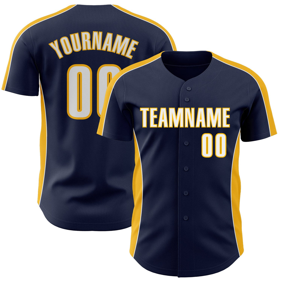 Custom Navy White-Gold Classic Color Block Side Panel Stripe Authentic Baseball Jersey