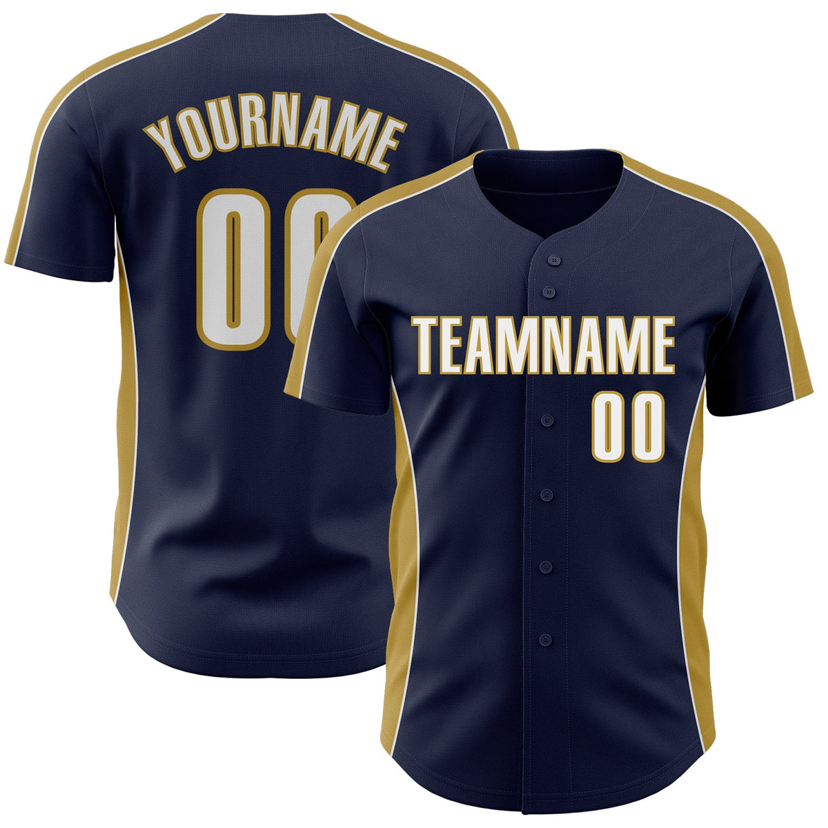Custom Navy White-Old Gold Classic Color Block Side Panel Stripe Authentic Baseball Jersey
