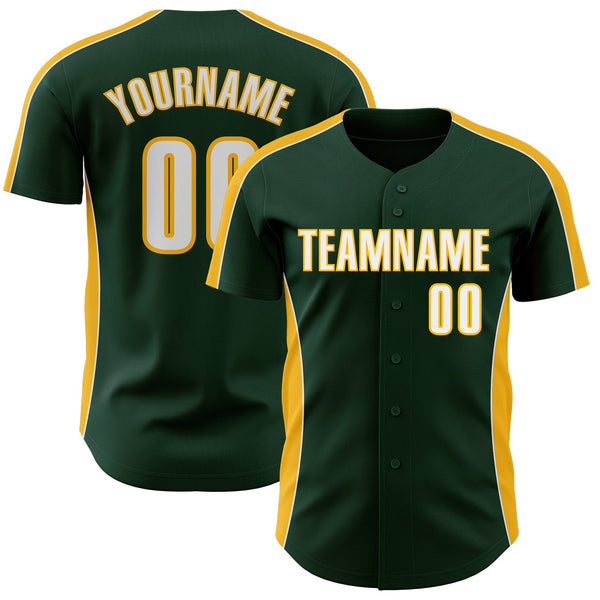 Custom Green White-Gold Classic Color Block Side Panel Stripe Authentic Baseball Jersey