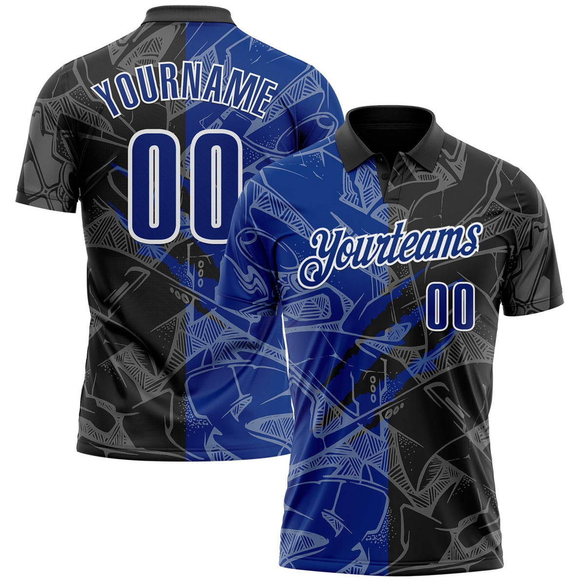 Custom Graffiti Pattern Royal Black-White 3D Scratch Performance Polo Shirt