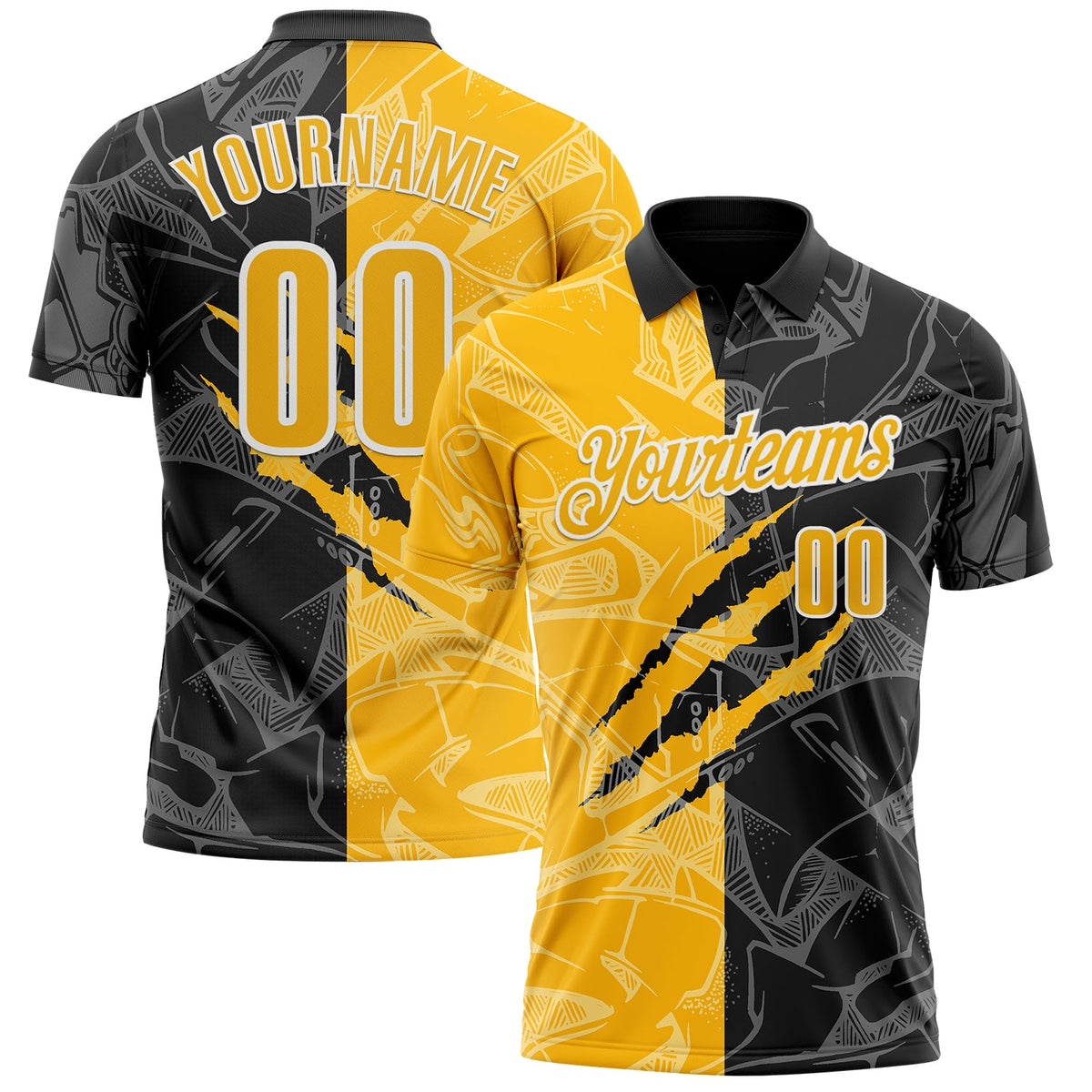 Custom Graffiti Pattern Gold Black-White 3D Scratch Performance Polo Shirt