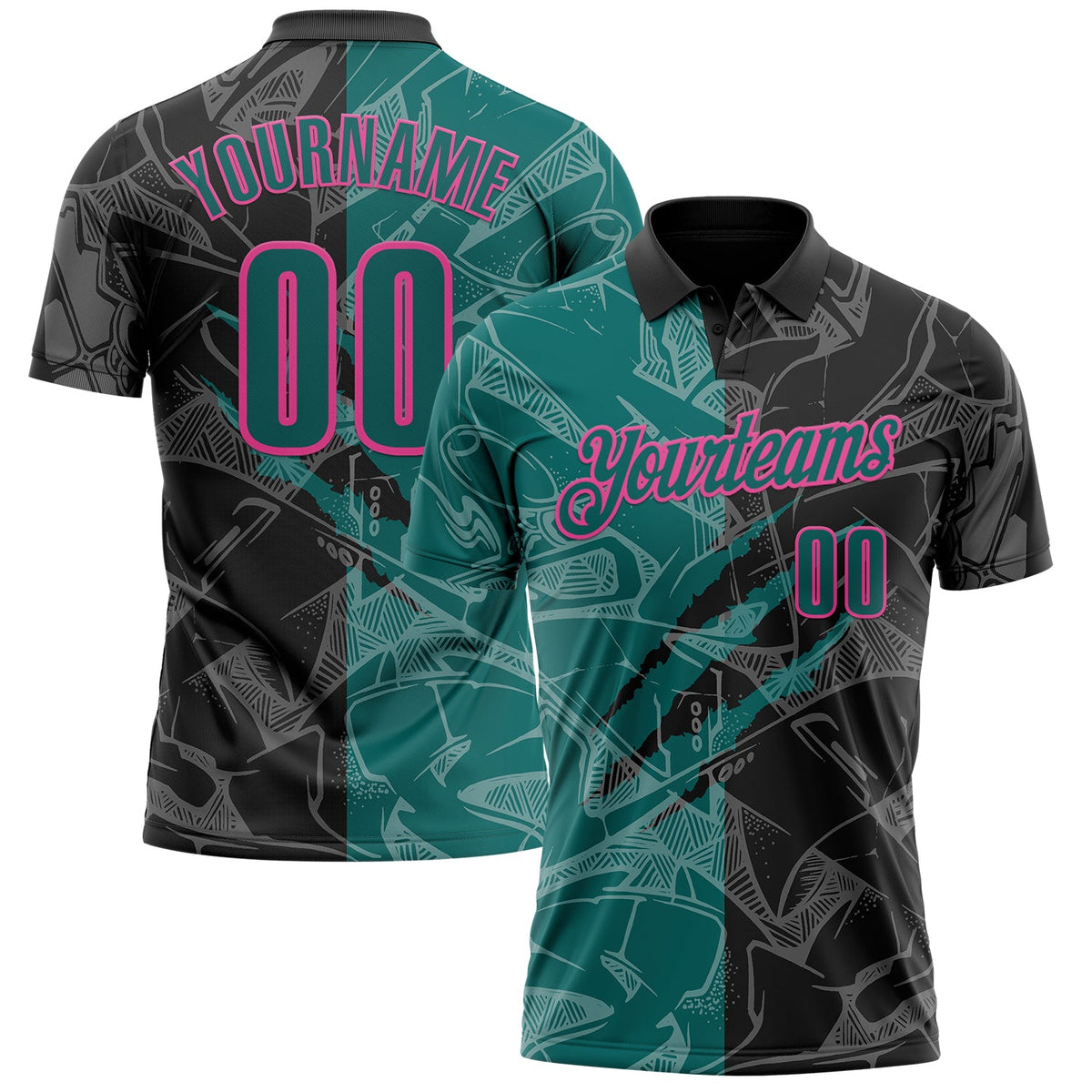 Custom Graffiti Pattern Teal Black-Pink 3D Scratch Performance Polo Shirt
