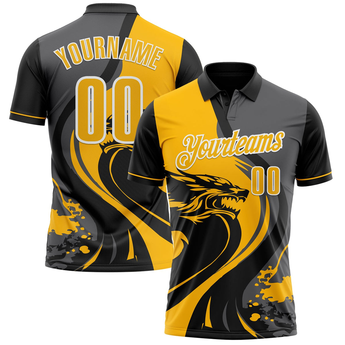 Custom Black Gold Steel Gray-White 3D Pattern Design Animal Wolf And Splash Performance Polo Shirt
