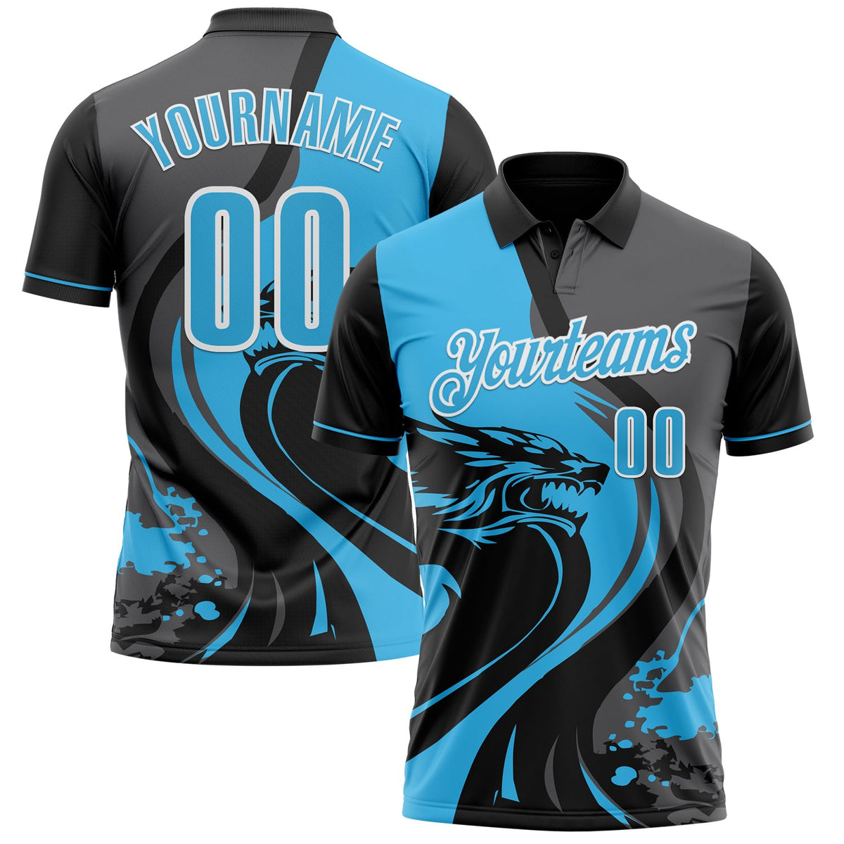 Custom Black Sky Blue Steel Gray-White 3D Pattern Design Animal Wolf And Splash Performance Polo Shirt