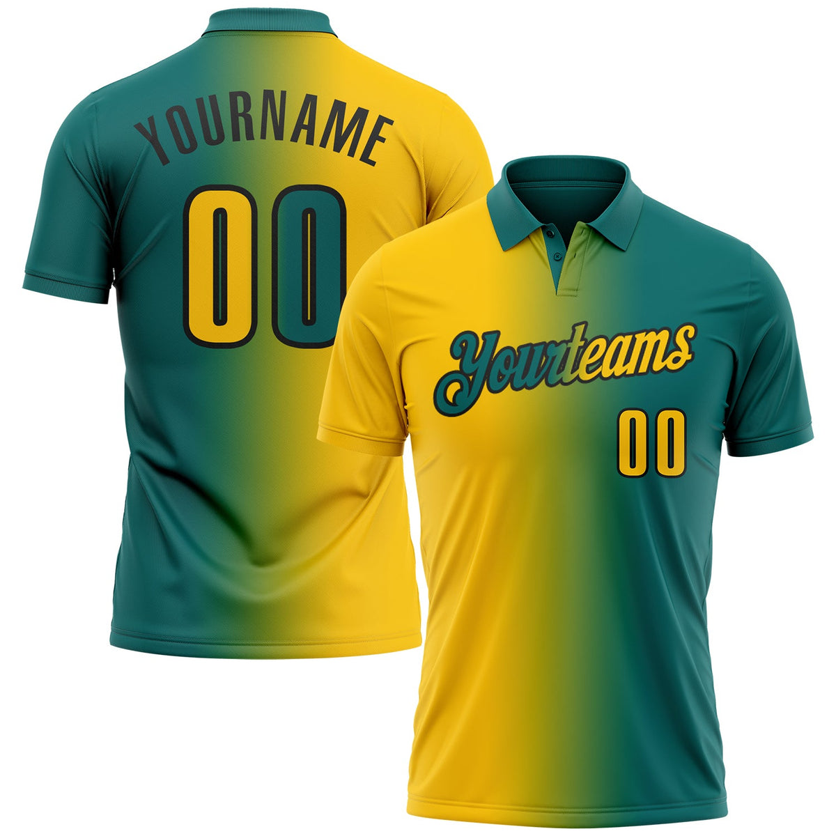Custom Teal Yellow-Black 3D Gradient Fashion Performance Polo Shirt