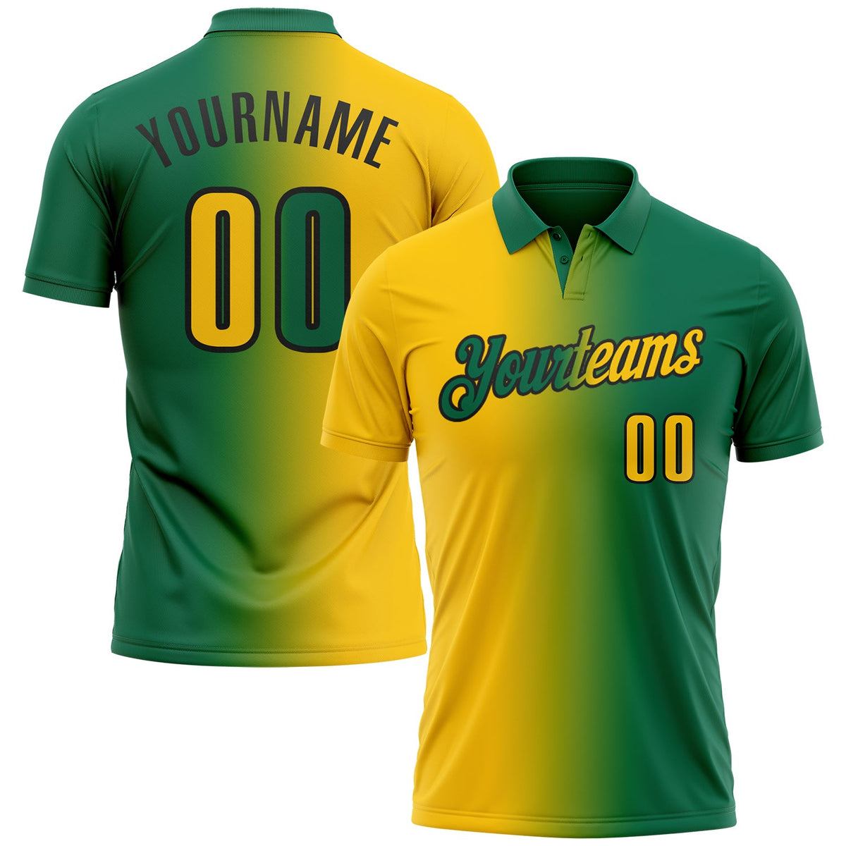 Custom Kelly Green Yellow-Black 3D Gradient Fashion Performance Polo Shirt