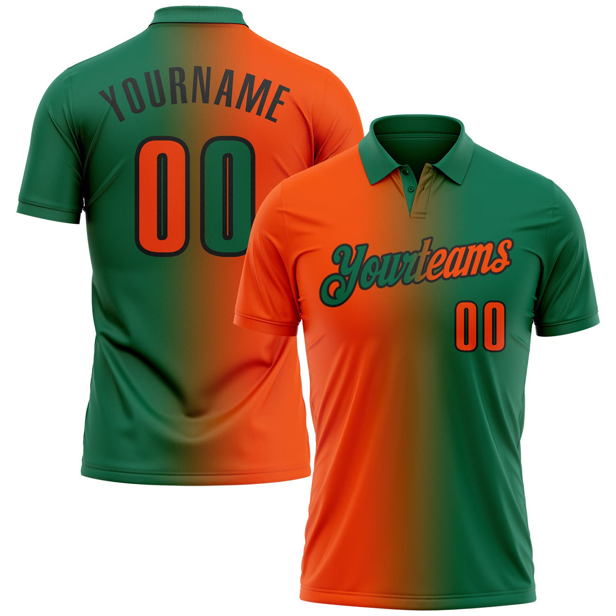 Custom Kelly Green Orange-Black 3D Gradient Fashion Performance Polo Shirt