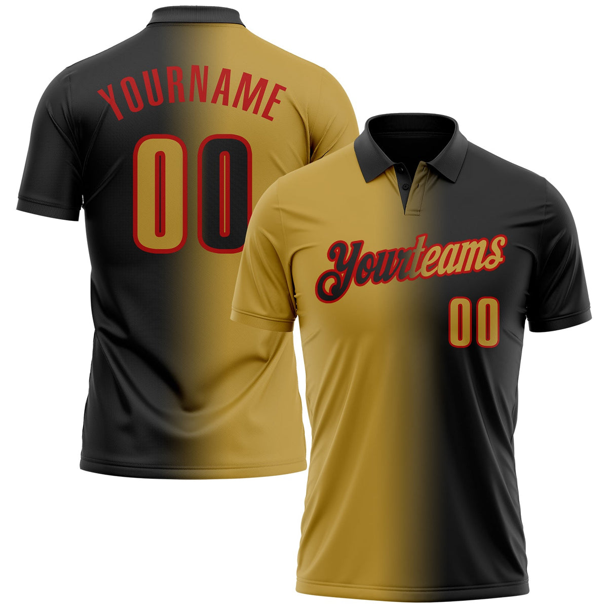 Custom Black Old Gold-Red 3D Gradient Fashion Performance Polo Shirt