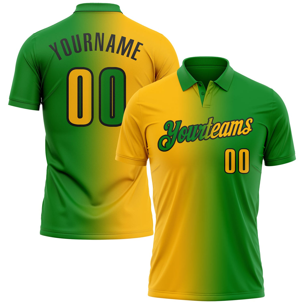 Custom Grass Green Gold-Black 3D Gradient Fashion Performance Polo Shirt