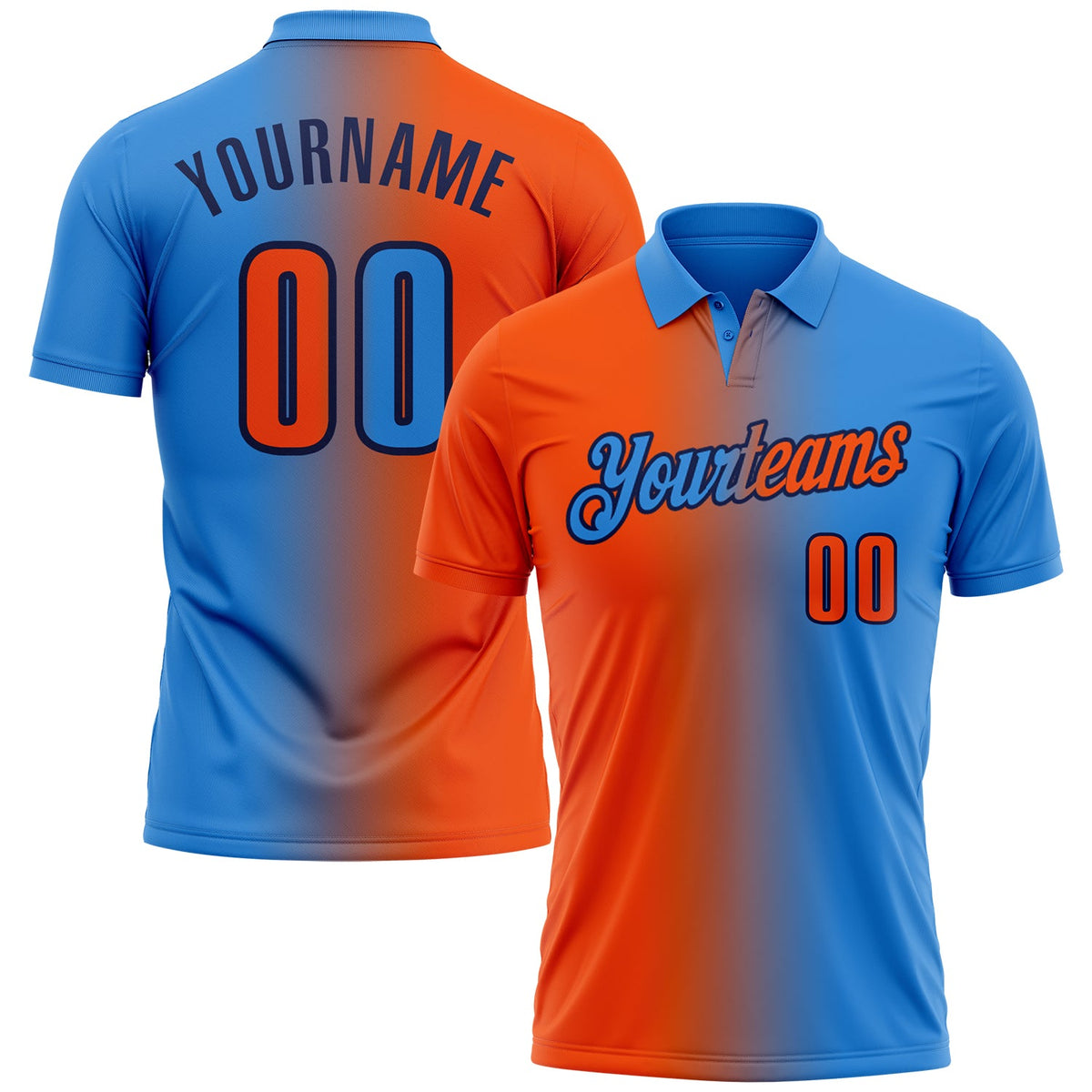 Custom Powder Blue Orange-Navy 3D Gradient Fashion Performance Polo Shirt