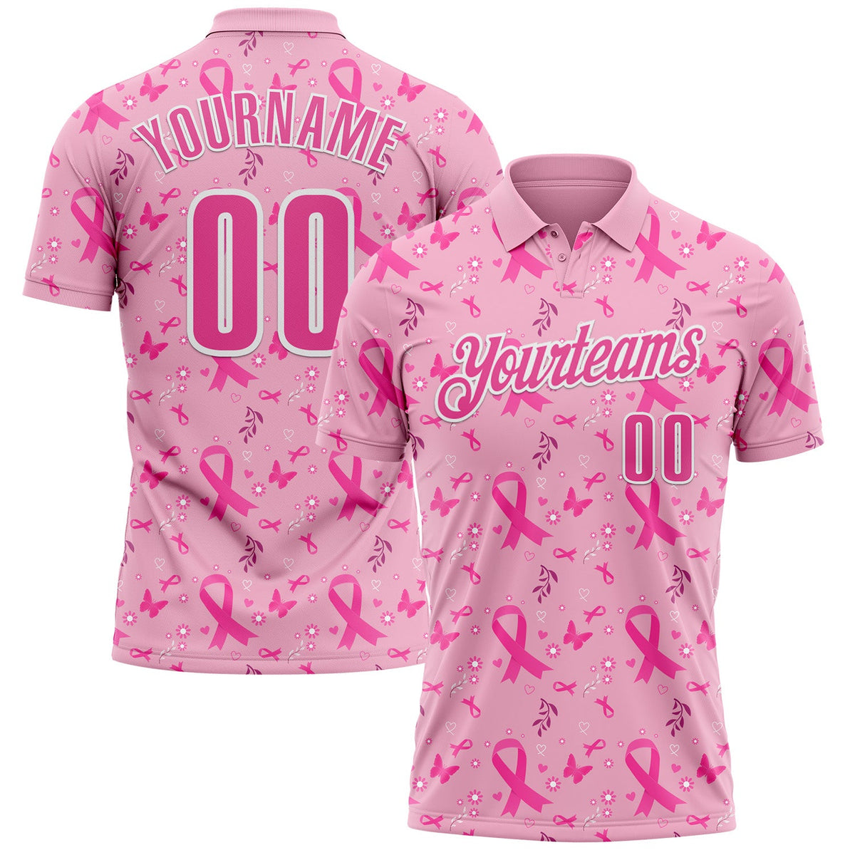 Custom Light Pink Pink-White 3D Pink Ribbon Breast Cancer Awareness Performance Polo Shirt