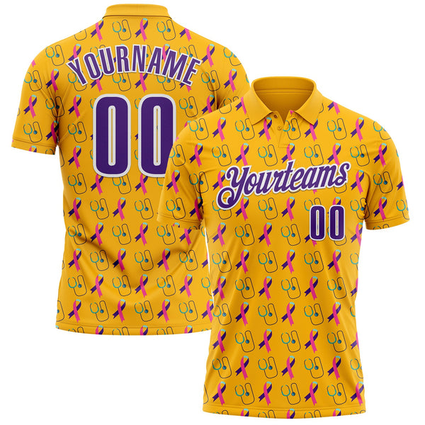 Custom Gold Purple-White 3D Pattern Design Purple Teal Pink Ribbon Thyroid Cancer Awareness World Cancer Day Performance Polo Shirt