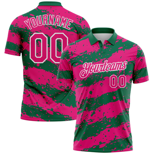 Custom Kelly Green Hot Pink-White Paint Splash Stripe Performance Polo Shirt