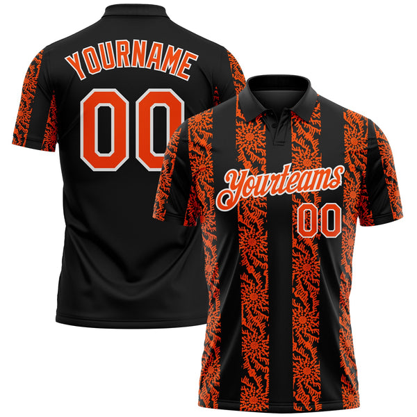 Custom Black Orange-White Abstract Floral Stripe Tribal Performance Polo Shirt