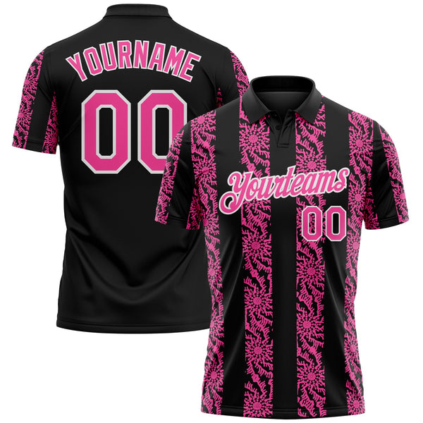 Custom Black Pink-White Abstract Floral Stripe Tribal Performance Polo Shirt