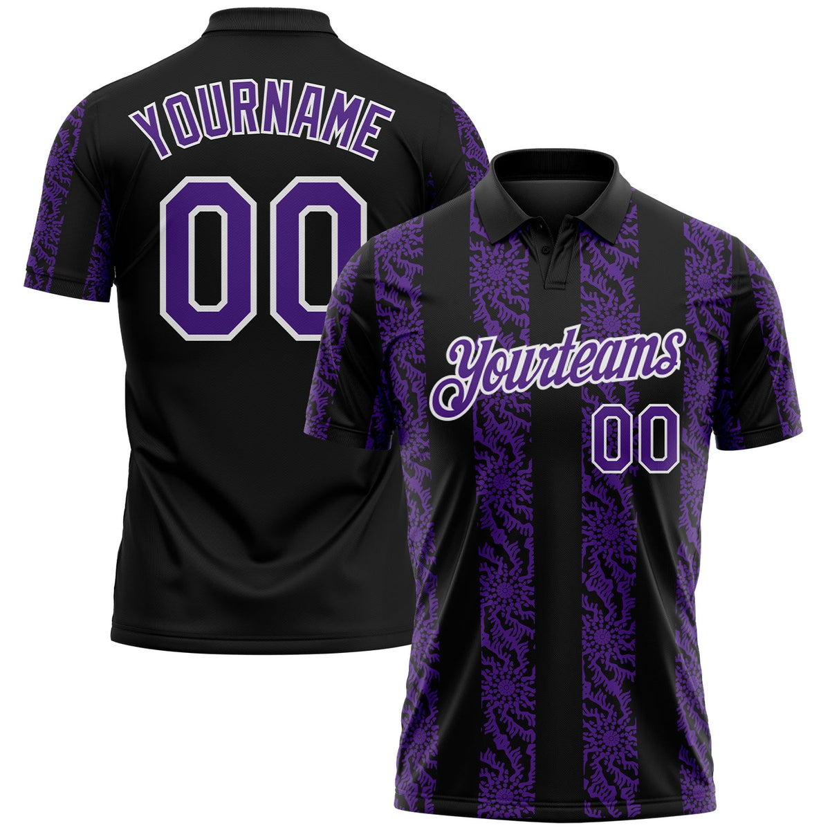 Custom Black Purple-White Abstract Floral Stripe Tribal Performance Polo Shirt