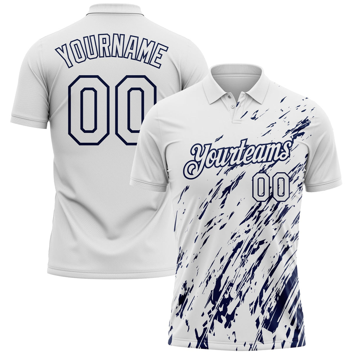 Custom White-Navy Paint Stroke Grunge Streak Performance Polo Shirt