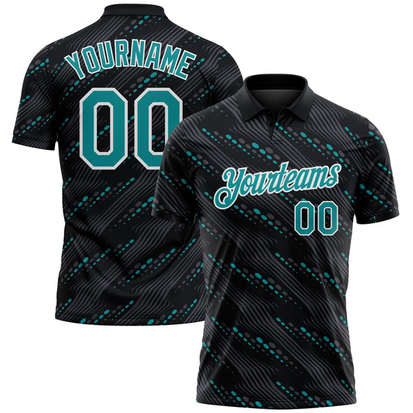 Custom Black Teal-White Slant Lines Cyber Mecha Tech Performance Polo Shirt