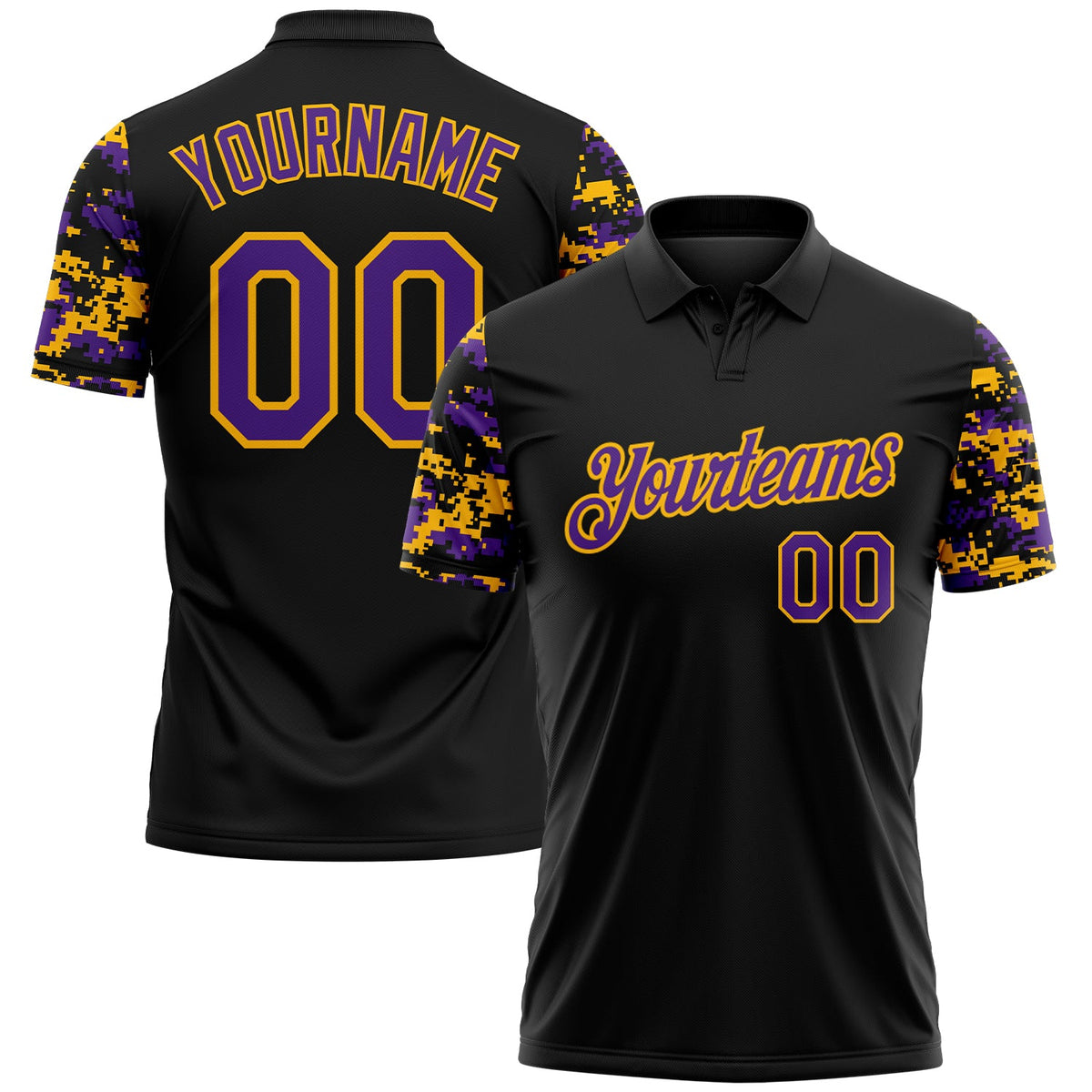 Custom Black Purple-Gold Digital Camo Two Tone Performance Polo Shirt