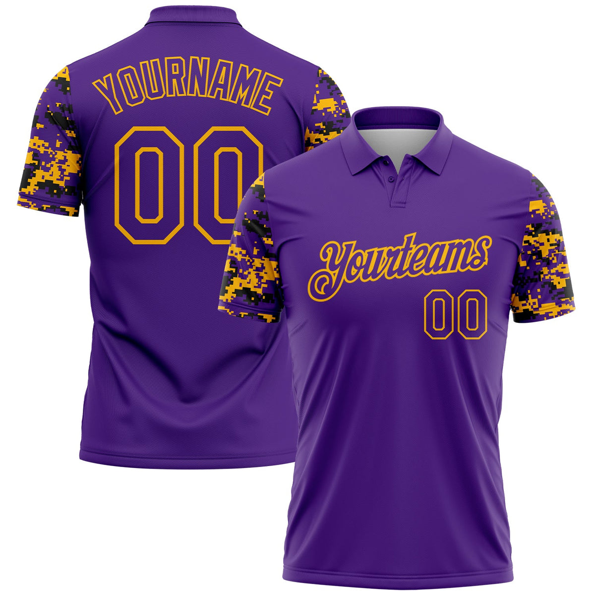 Custom Purple Black-Gold Digital Camo Two Tone Performance Polo Shirt