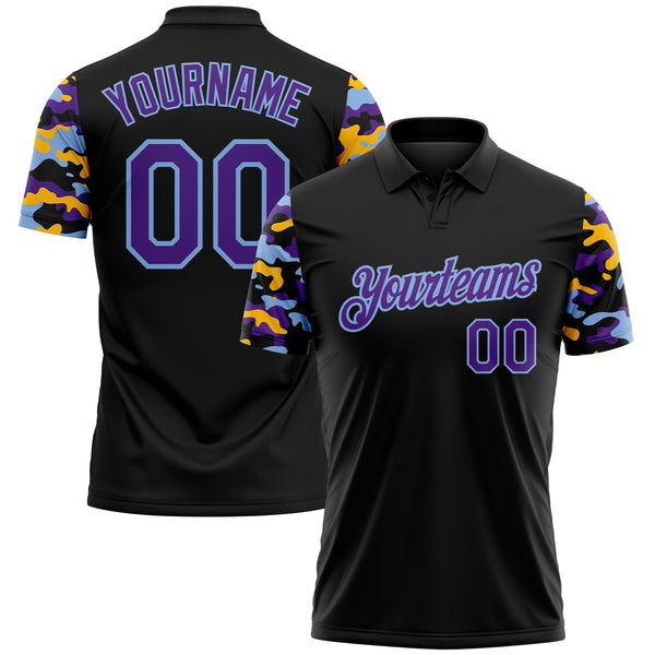 Custom Black Purple Light Blue-Gold Digital Camo Two Tone Performance Polo Shirt