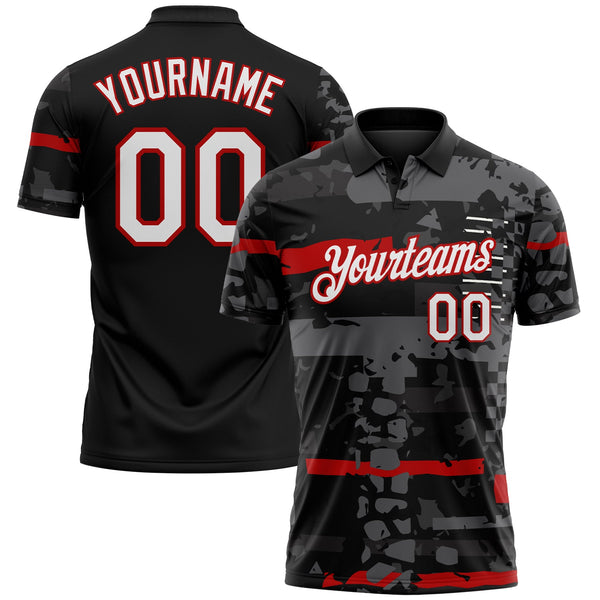 Custom Black White-Red Abstract Geometric Mashup Grunge Performance Polo Shirt