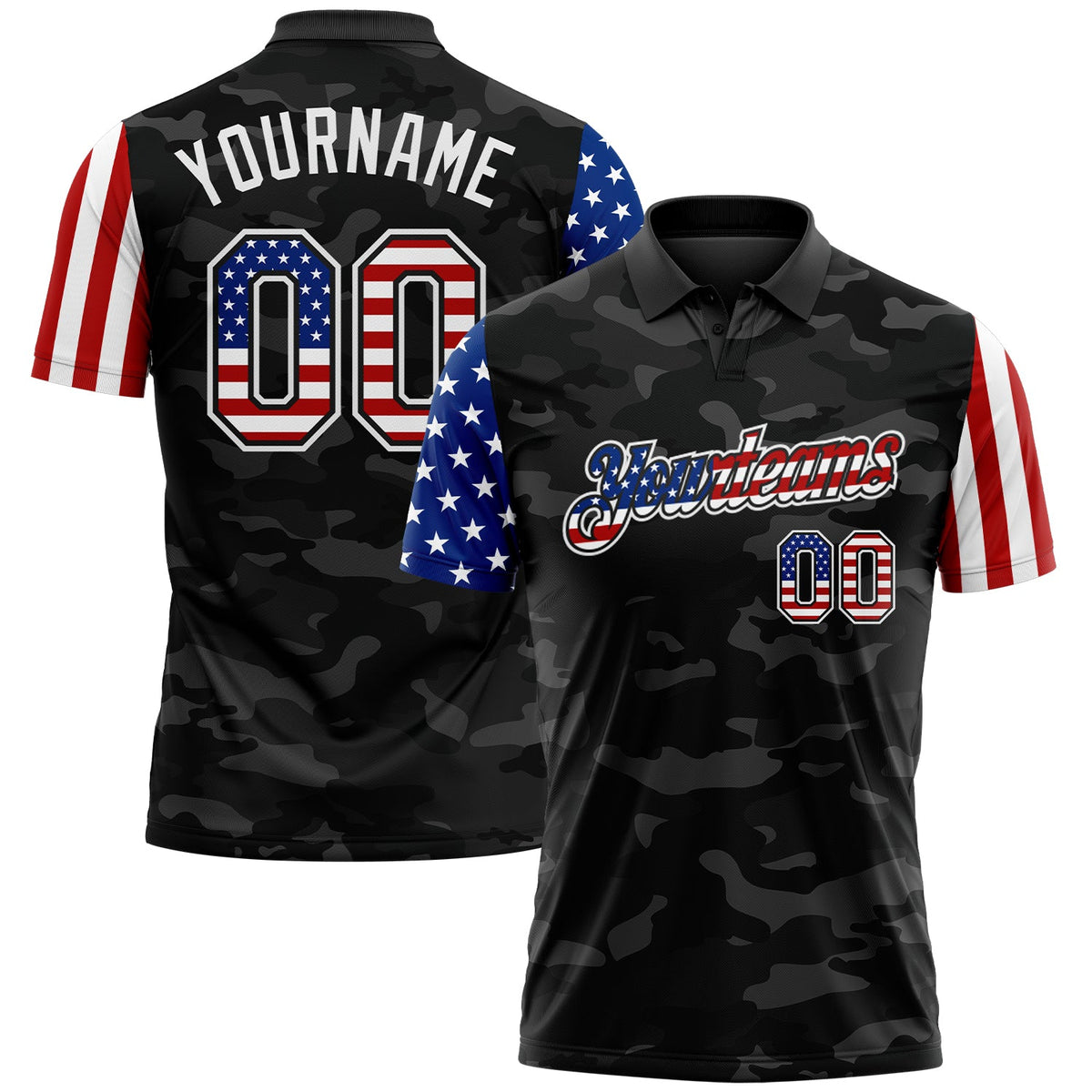 Custom Camo USA Flag Black-White Stars & Stripes Two Tone Salute To Service Patriotic Performance Polo Shirt