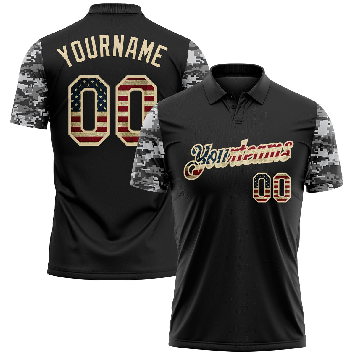 Custom Black Vintage USA Flag-Cream Camo Two Tone Patriotic Performance Polo Shirt
