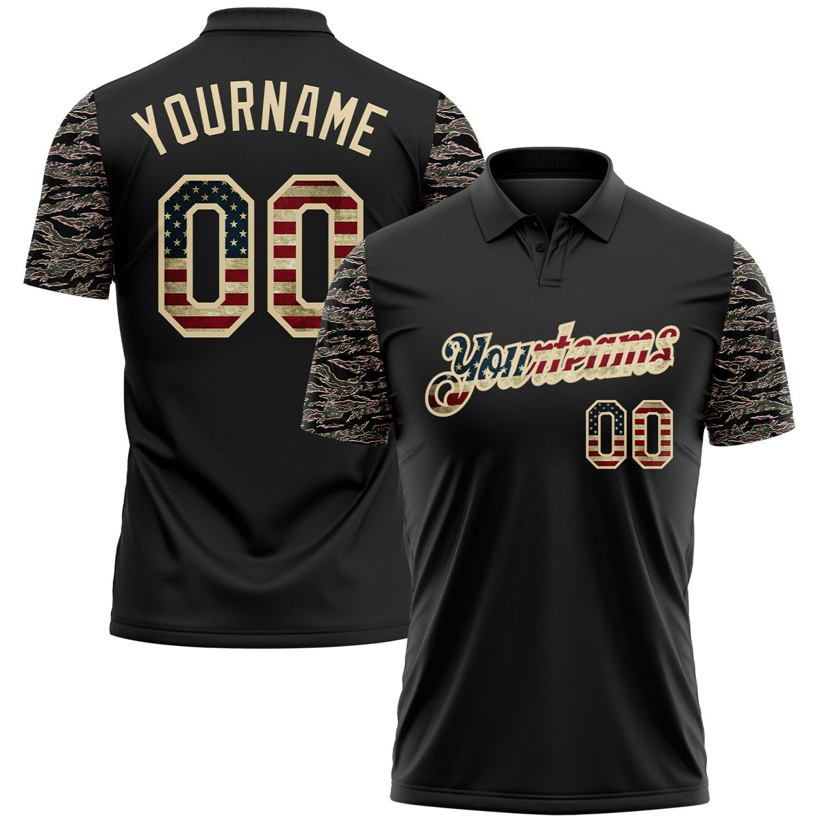 Custom Black Vintage USA Flag-Cream Camo Two Tone Patriotic Performance Polo Shirt