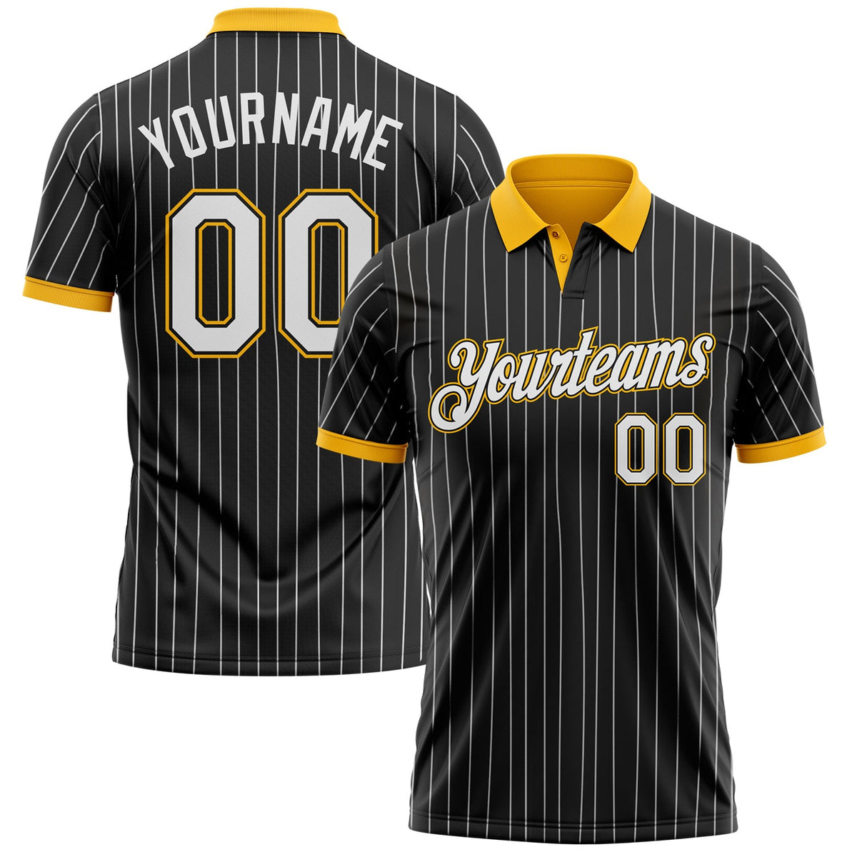 Custom Black White Pinstripe-Gold Performance Polo Shirt