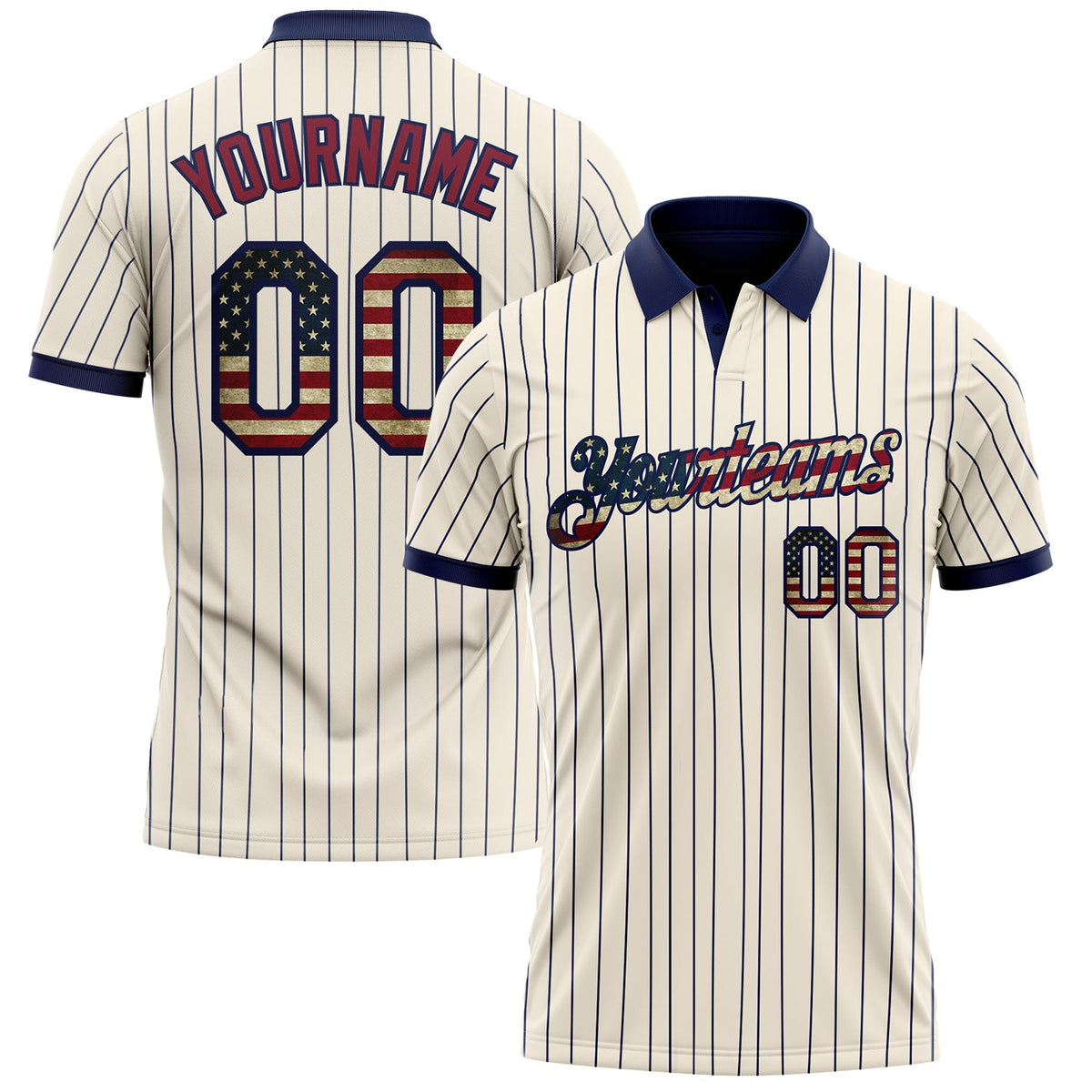 Custom Cream Navy Pinstripe Vintage USA Flag-Crimson Performance Polo Shirt