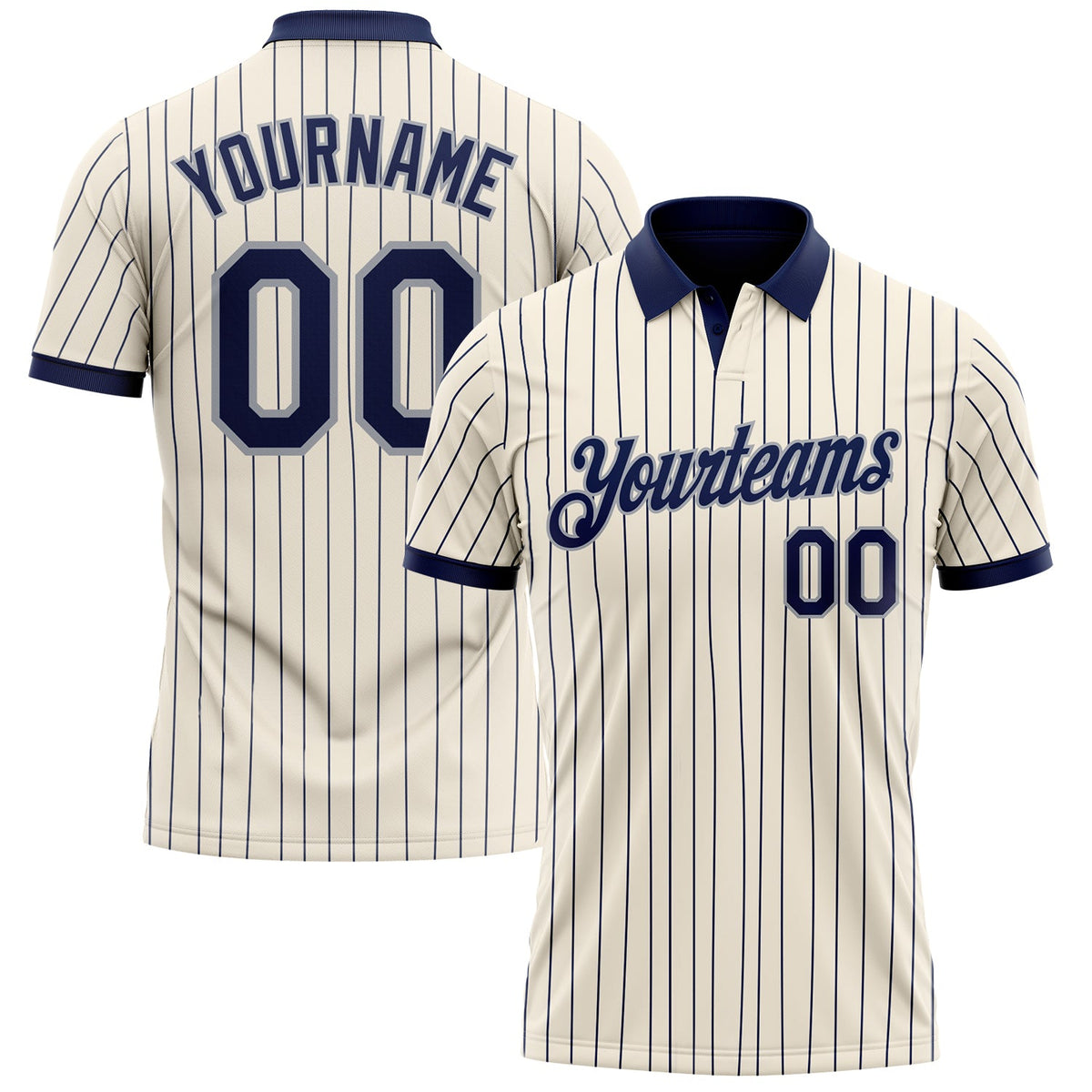 Custom Cream Navy Pinstripe-Gray Performance Polo Shirt