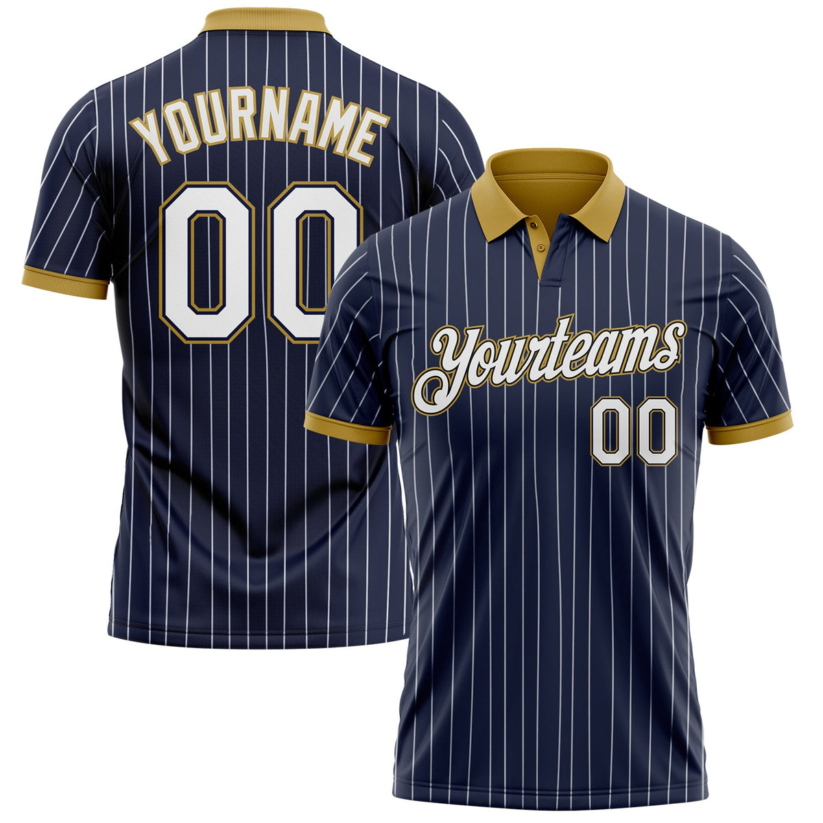 Custom Navy White Pinstripe-Old Gold Performance Polo Shirt