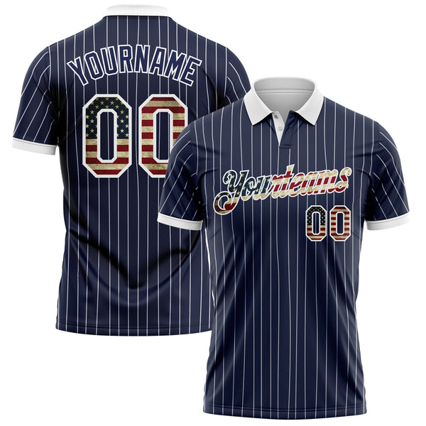 Custom Navy White Pinstripe-Vintage USA Flag Performance Polo Shirt