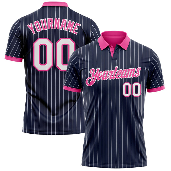 Custom Navy White Pinstripe-Pink Performance Polo Shirt