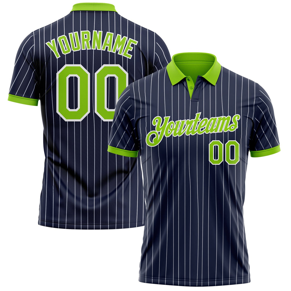 Custom Navy White Pinstripe-Neon Green Performance Polo Shirt