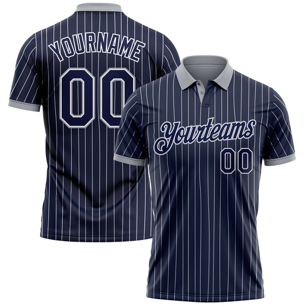 Custom Navy White Pinstripe-Gray Performance Polo Shirt
