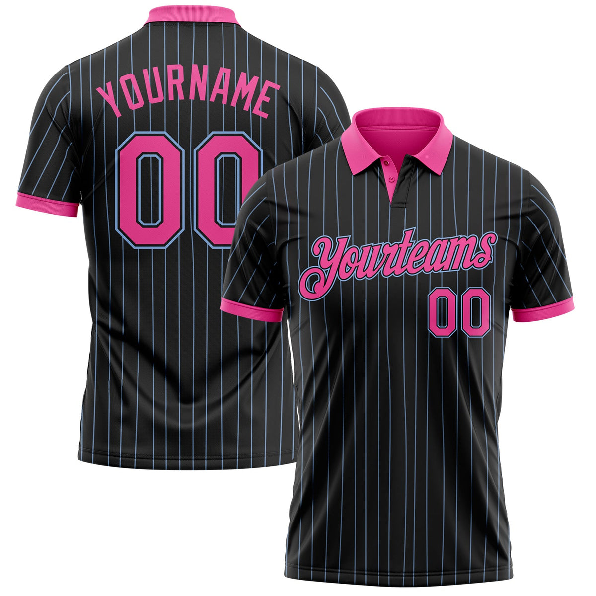 Custom Black Light Blue Pinstripe-Pink Performance Polo Shirt