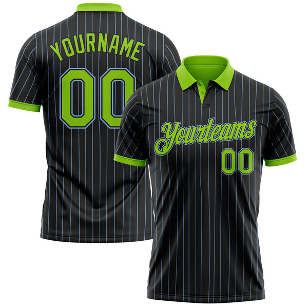 Custom Black Light Blue Pinstripe Neon Green-Light Blue Performance Polo Shirt
