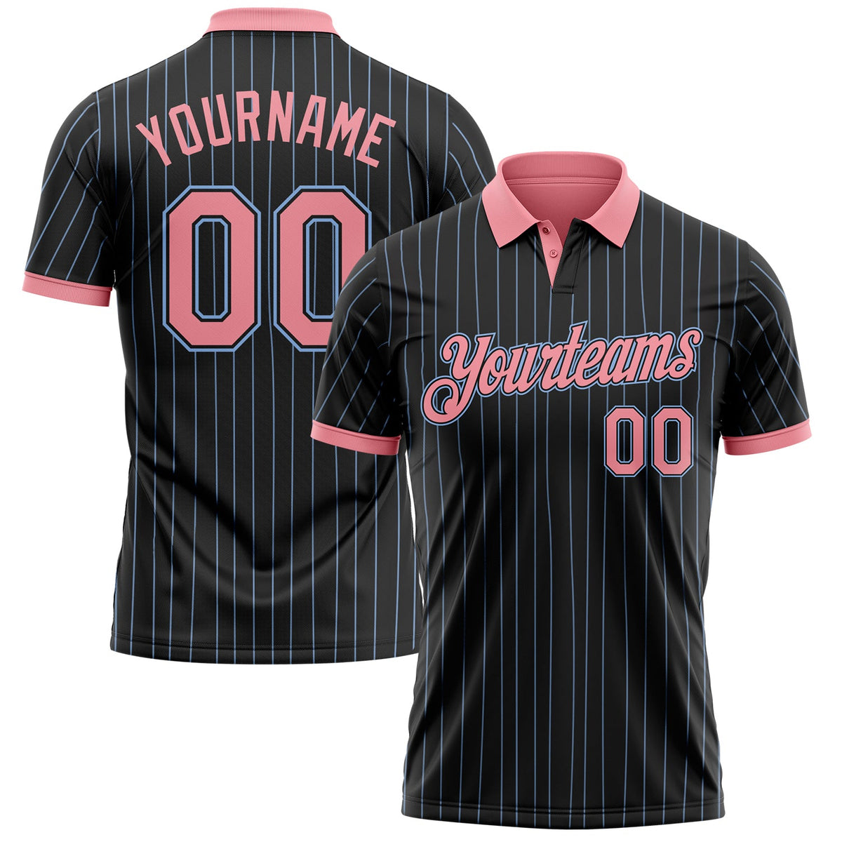 Custom Black Light Blue Pinstripe-Medium Pink Performance Polo Shirt
