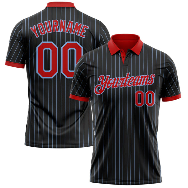 Custom Black Light Blue Pinstripe-Red Performance Polo Shirt