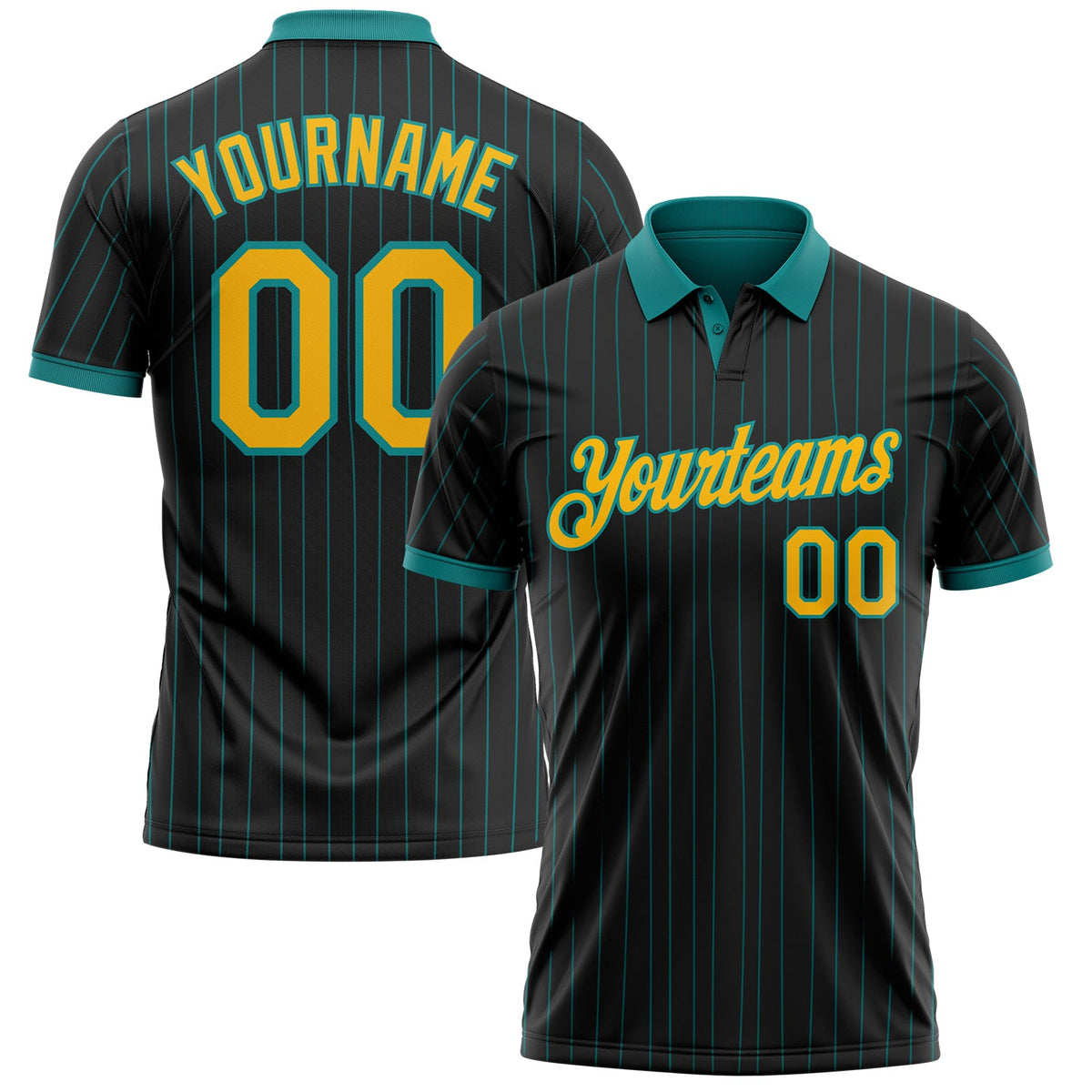 Custom Black Teal Pinstripe-Gold Performance Polo Shirt