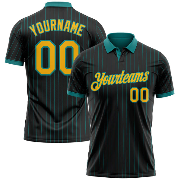 Custom Black Teal Pinstripe-Gold Performance Polo Shirt