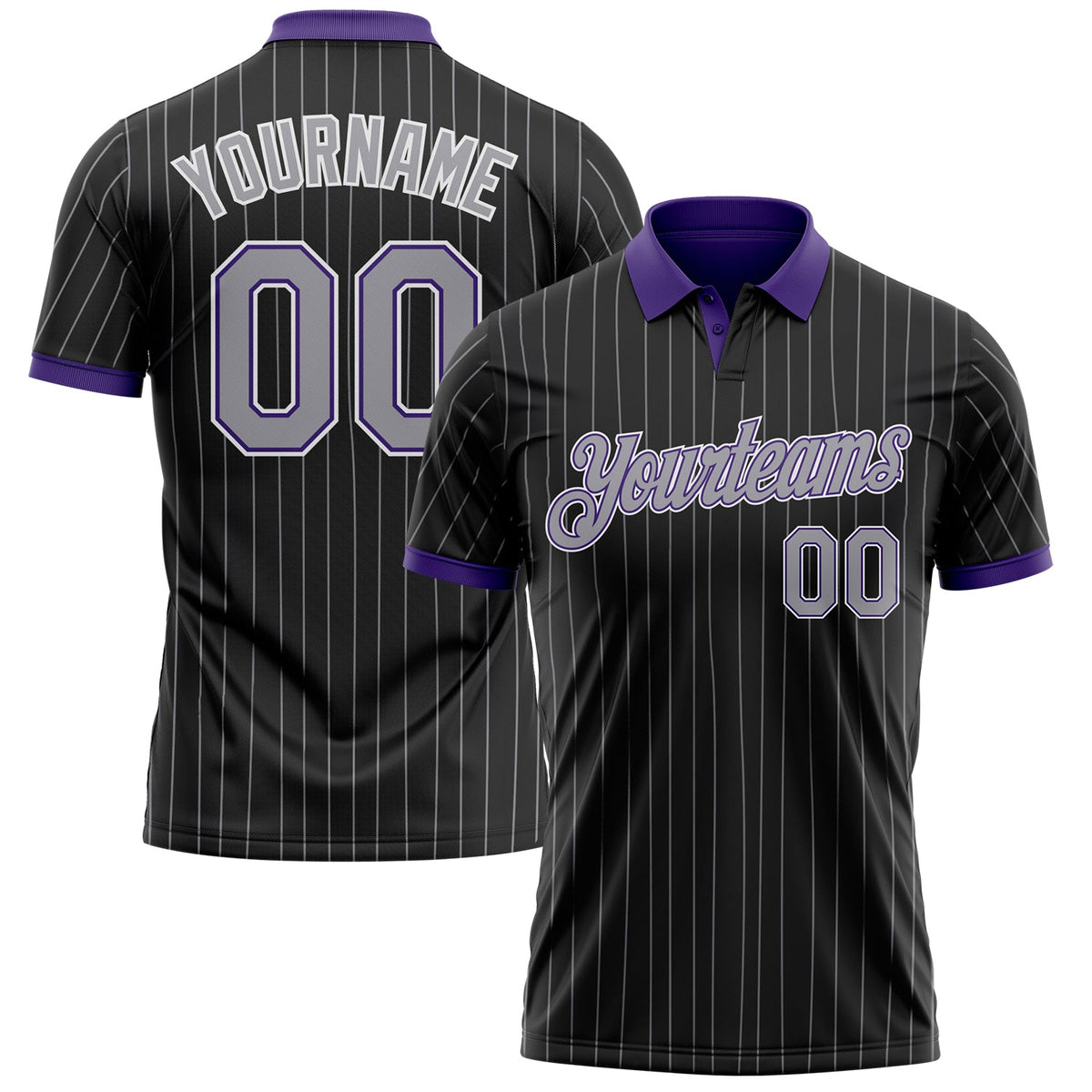 Custom Black Gray Pinstripe Purple-White Performance Polo Shirt