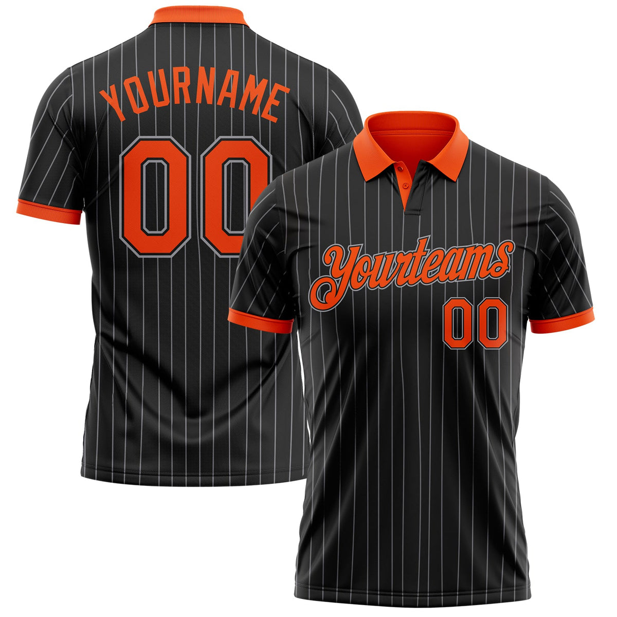 Custom Black Gray Pinstripe-Orange Performance Polo Shirt
