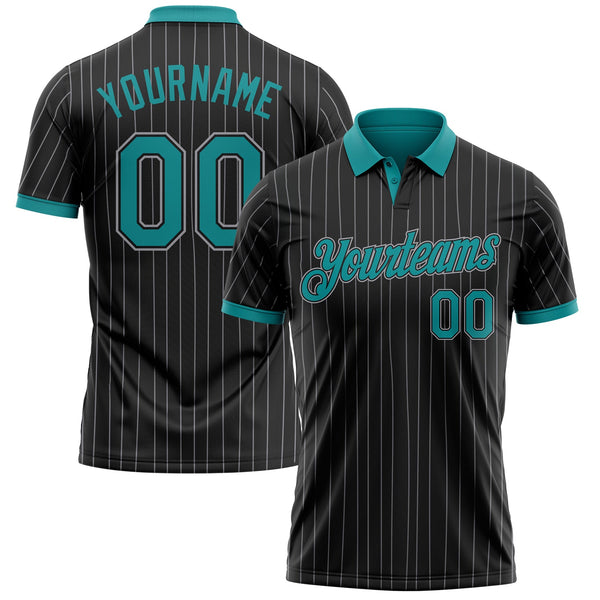 Custom Black Gray Pinstripe-Teal Performance Polo Shirt