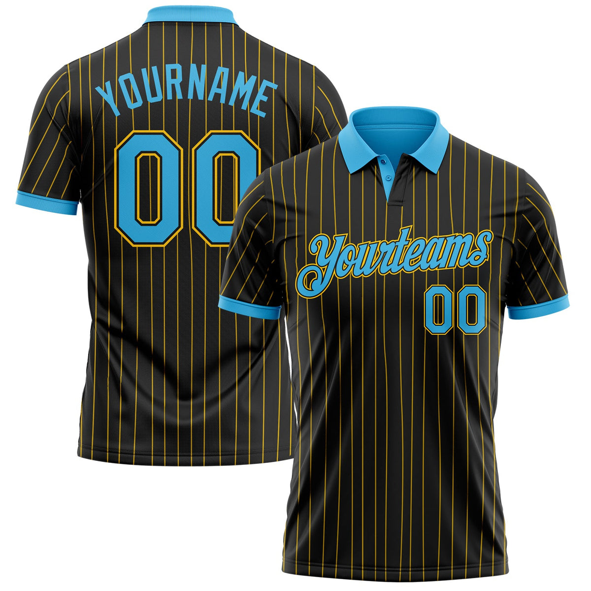 Custom Black Yellow Pinstripe-Sky Blue Performance Polo Shirt