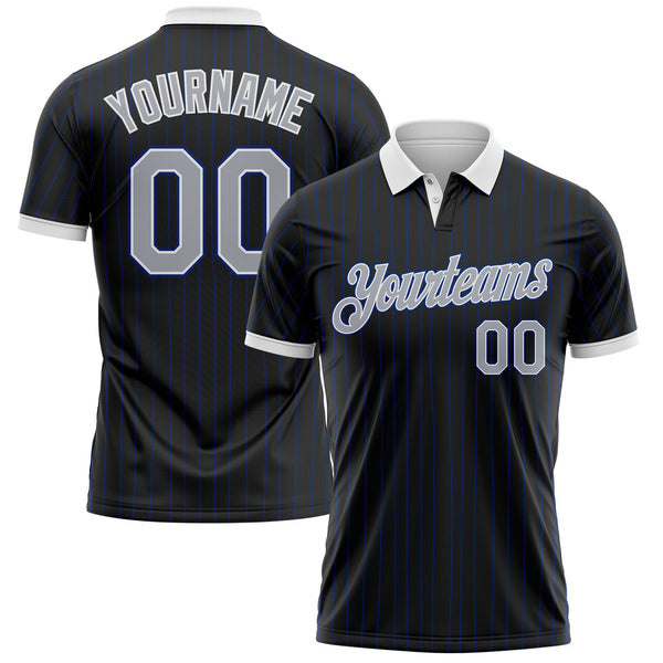 Custom Black Royal Pinstripe Gray-White Performance Polo Shirt